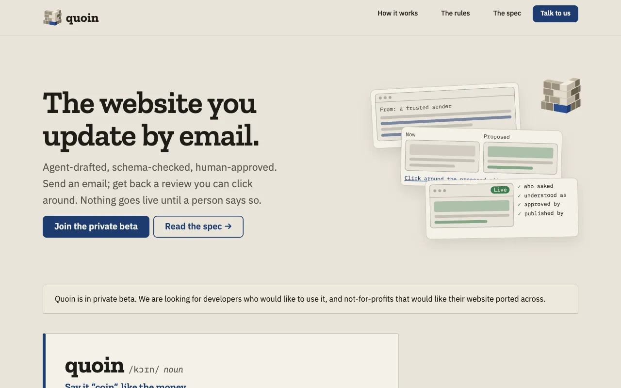 The same home page in the cornerstone theme: a slab-serif headline, a stack of product wireframes and a private beta notice.