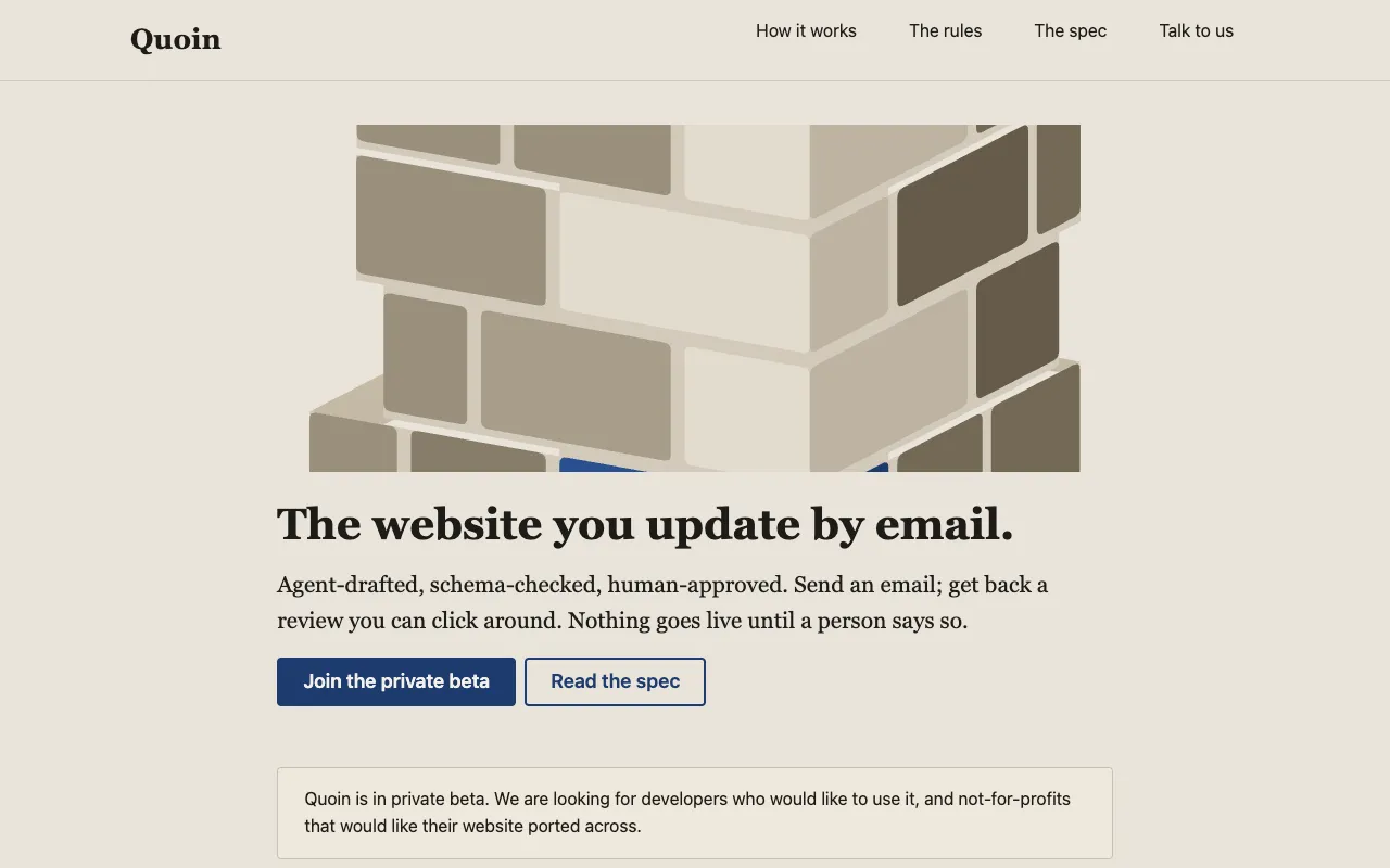 This site’s home page in the plain base theme: a serif headline, a wide banner image and simple buttons.